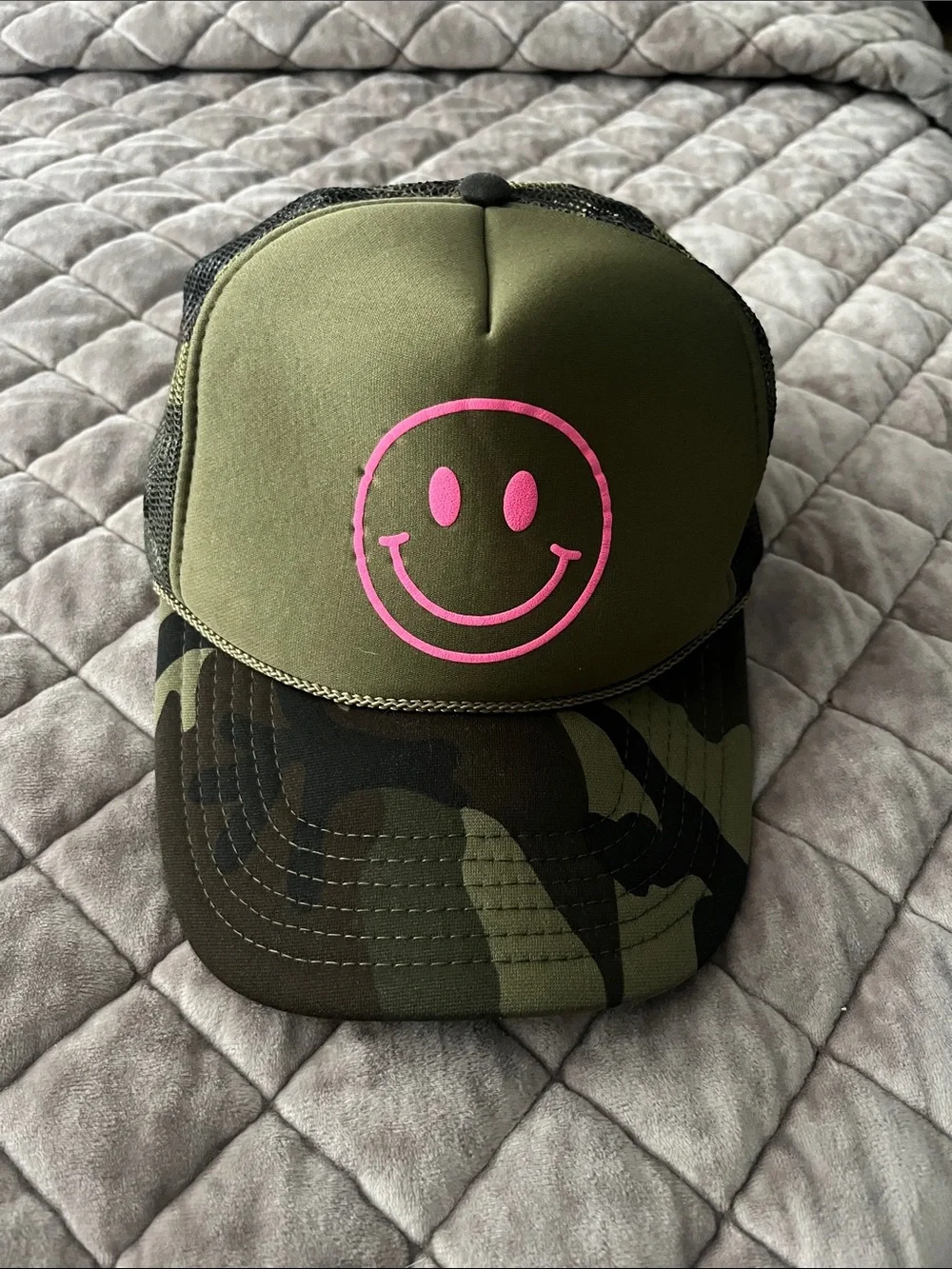 Olive Green Camo Trucker Hat with Pink Smiley
